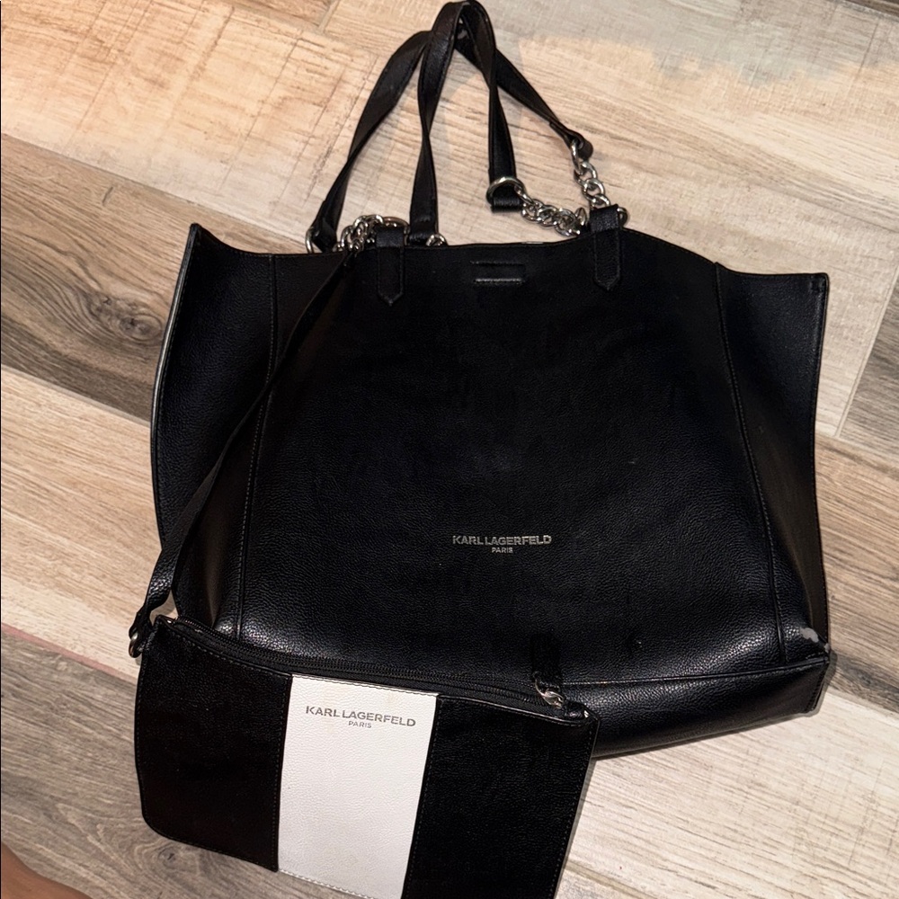 Karl Lagerfeld Black and White Tote with Chain Detail